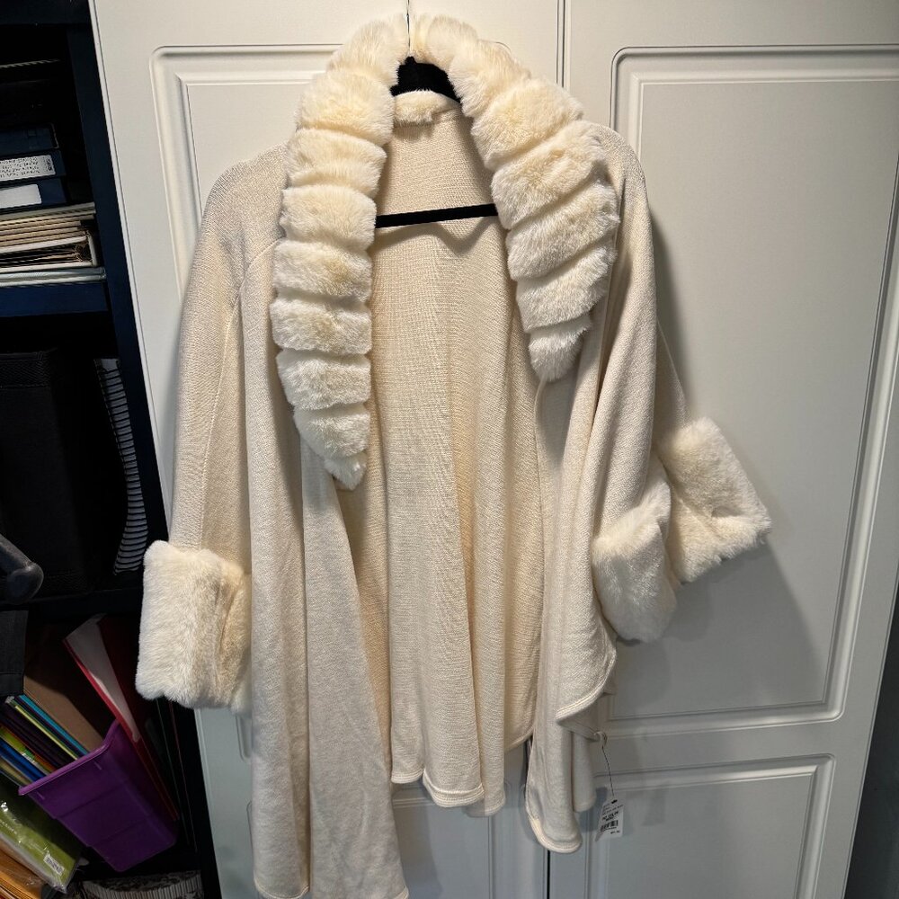 Ivory Faux Fur Open front Shawl with Sleeves